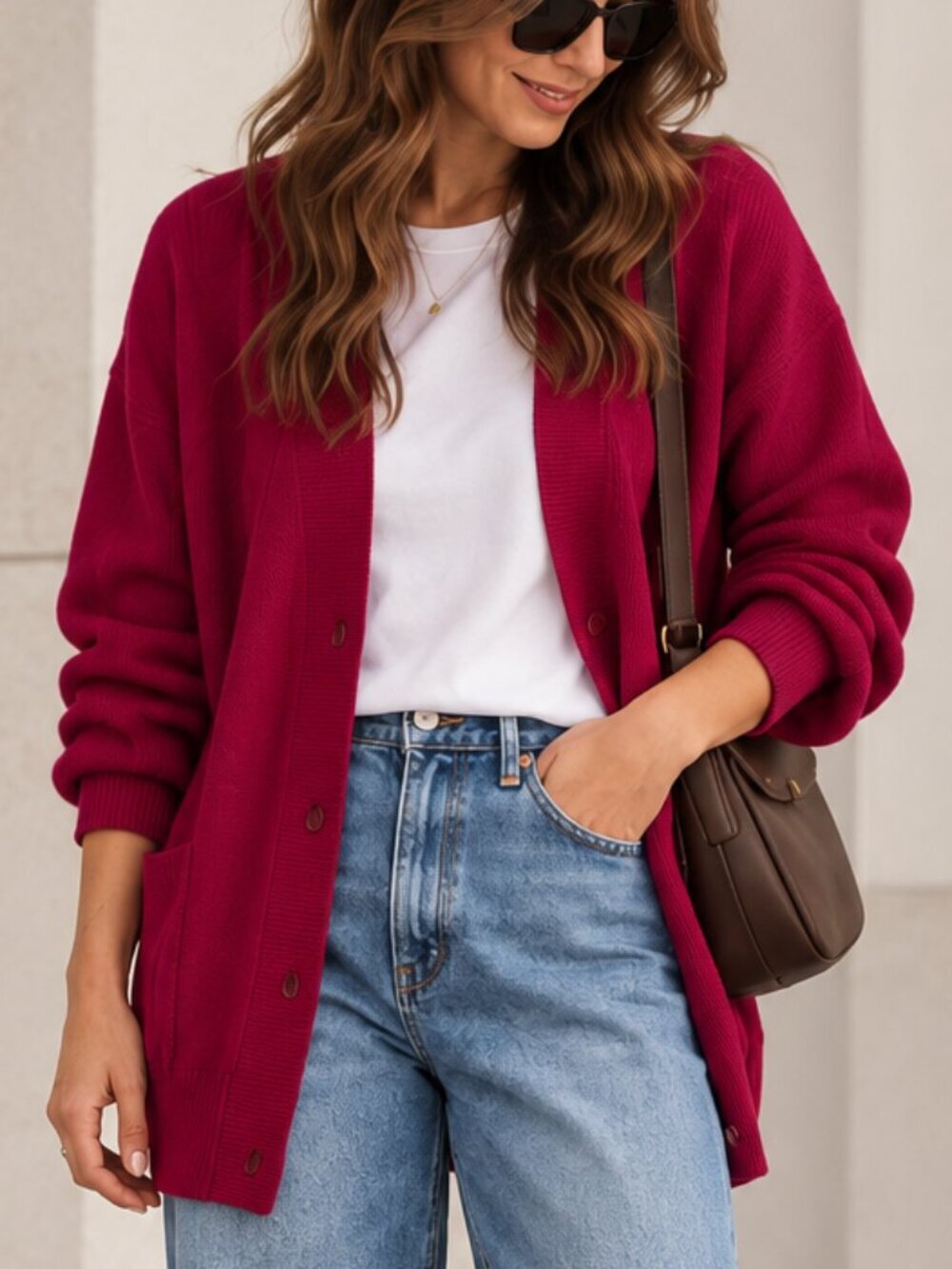 Bright Pink Lambswool Cardigan Vintage Fuchsia Angora Blend Oversized Sweater